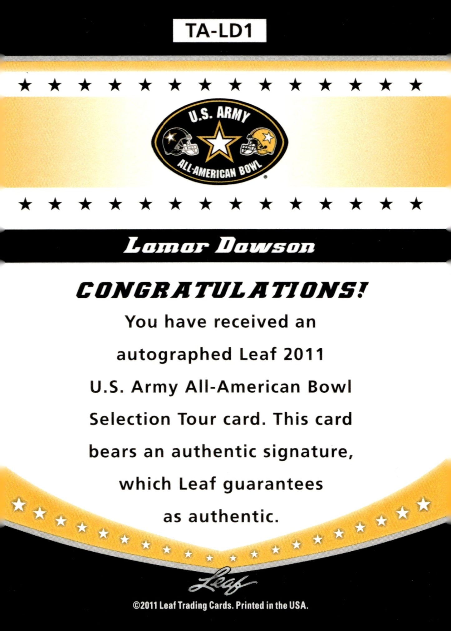 Lamar Dawson 2011 Leaf US Army All American Bowl Auto #TA - LD1 - Collector Store LLC