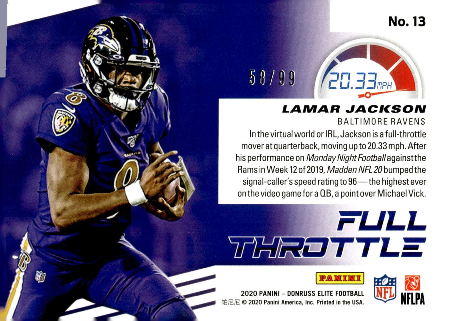Lamar Jackson 2020 Panini Donruss Elite Full Throttle 58/99 #13 - Collector Store LLC