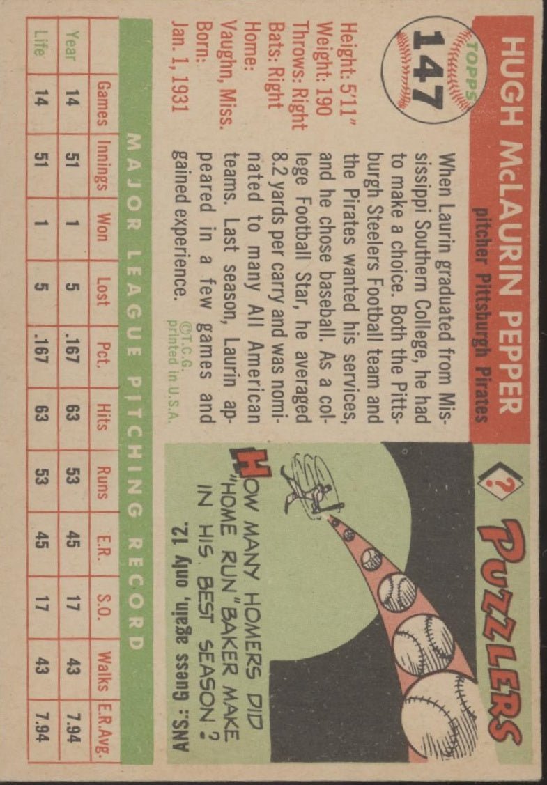 Laurin Pepper 1955 Topps RC #147 Pittsburgh Pirates EX #2 - Collector Store LLC