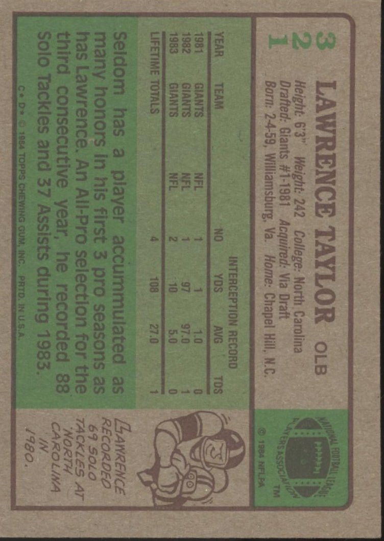 Lawrence Taylor 1984 Topps #321 New York Giants - Collector Store LLC