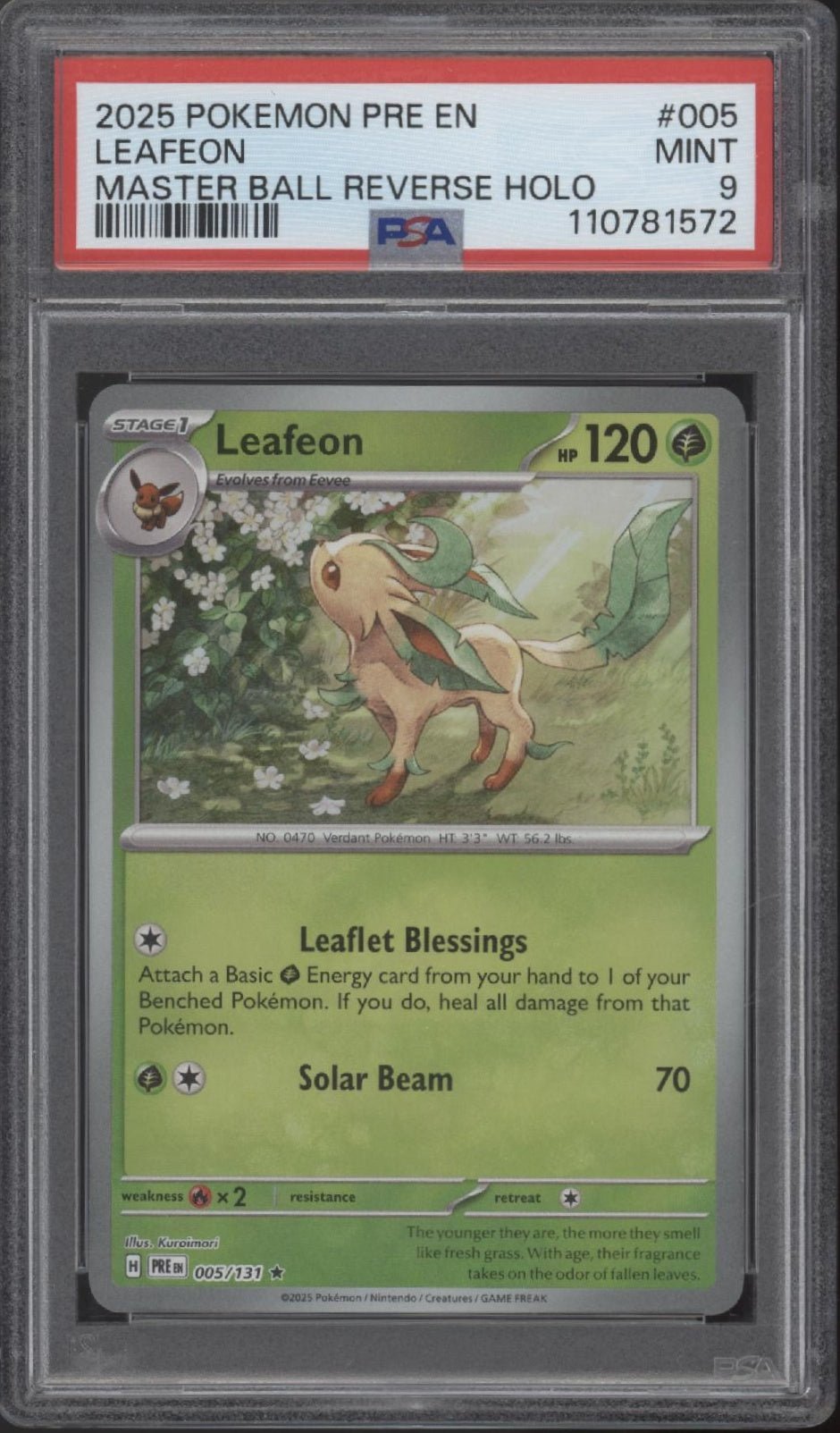Leafeon Pokemon Prismatic Evolutions Master Ball Reverse Holo 005 PSA 9 - Collector Store LLC