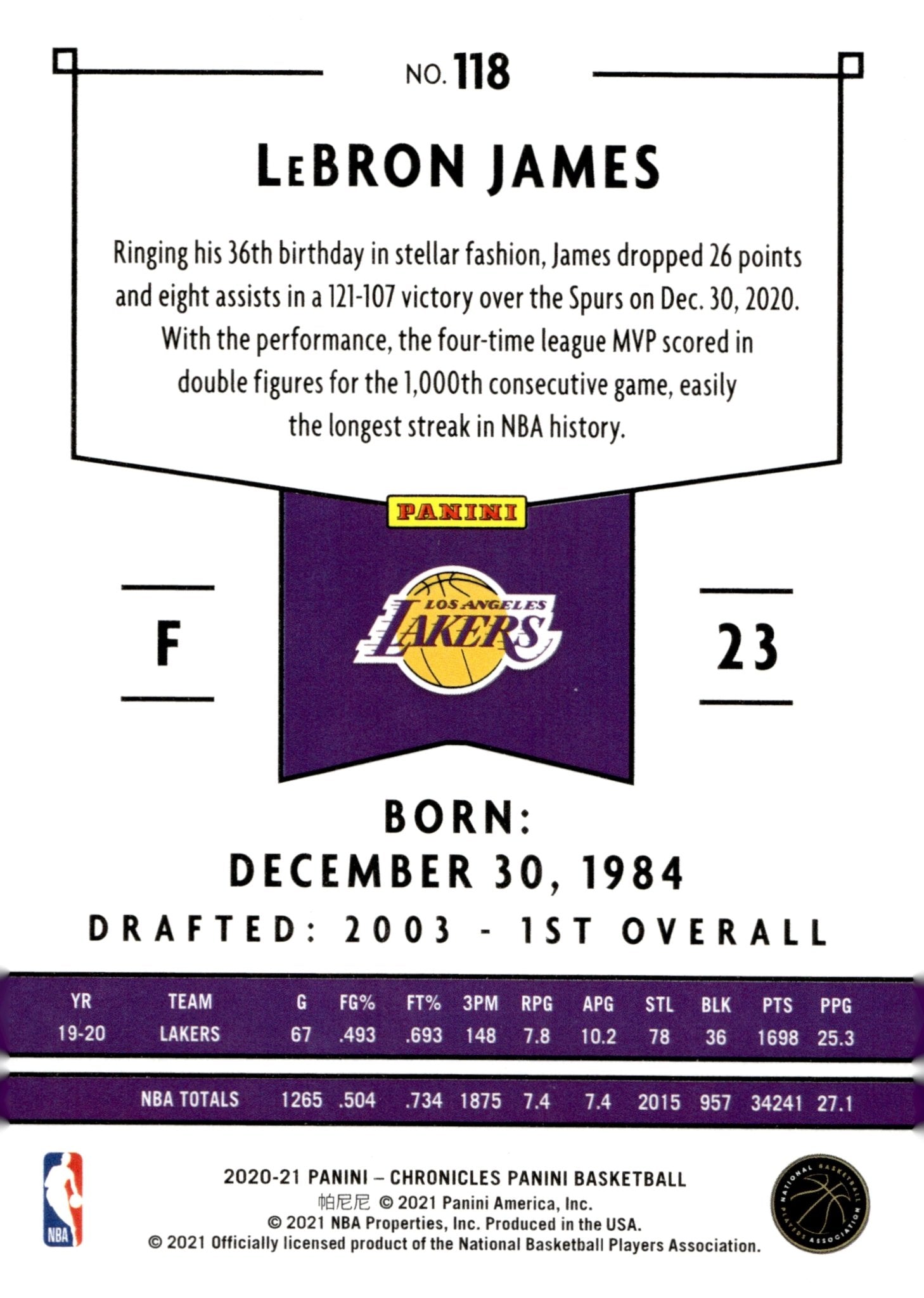 LeBron James 2020 - 21 Panini Chronicles Panini #118 - Collector Store LLC