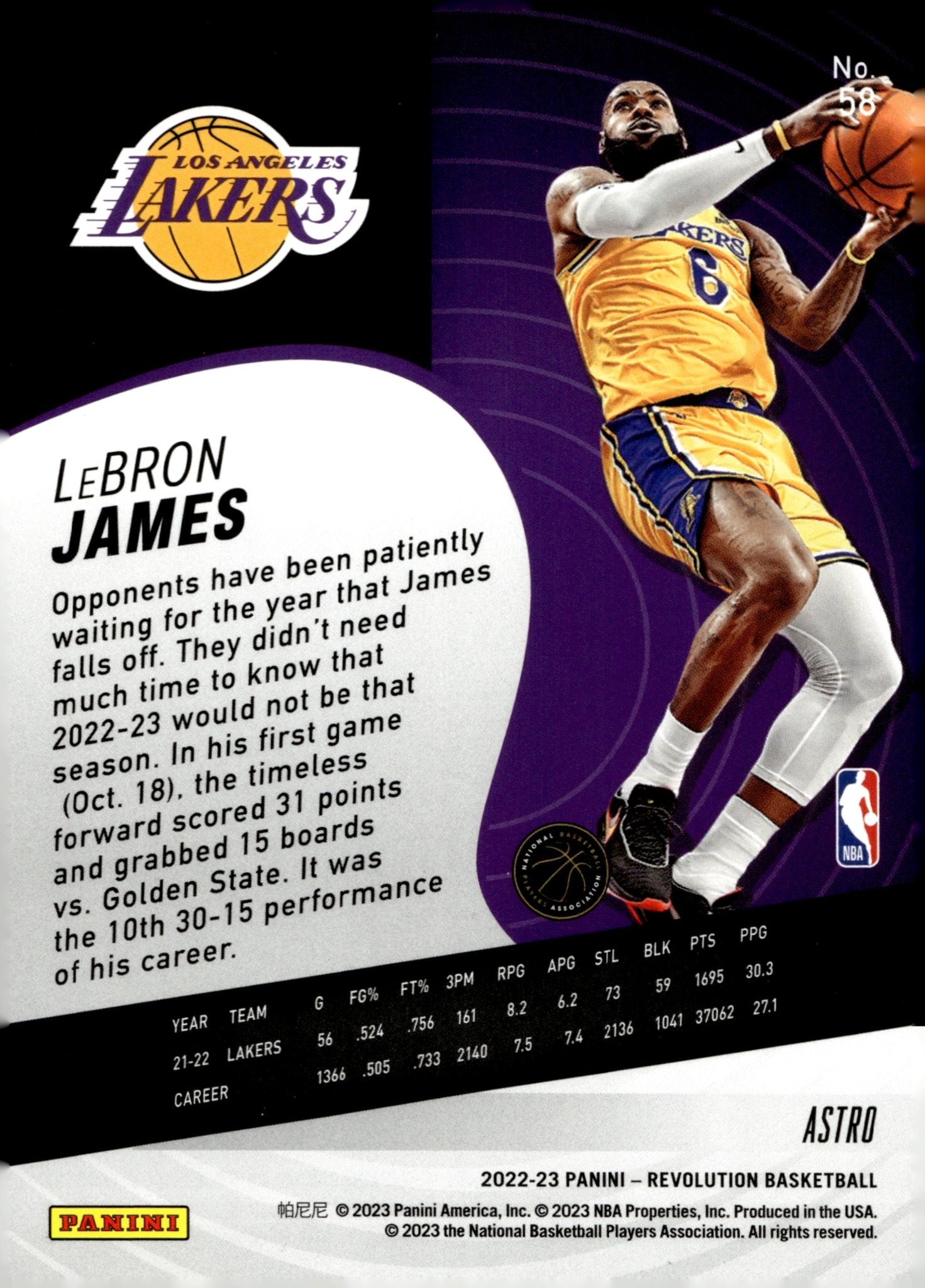 LeBron James 2022 - 23 Panini Revolution Astro #58 - Collector Store LLC