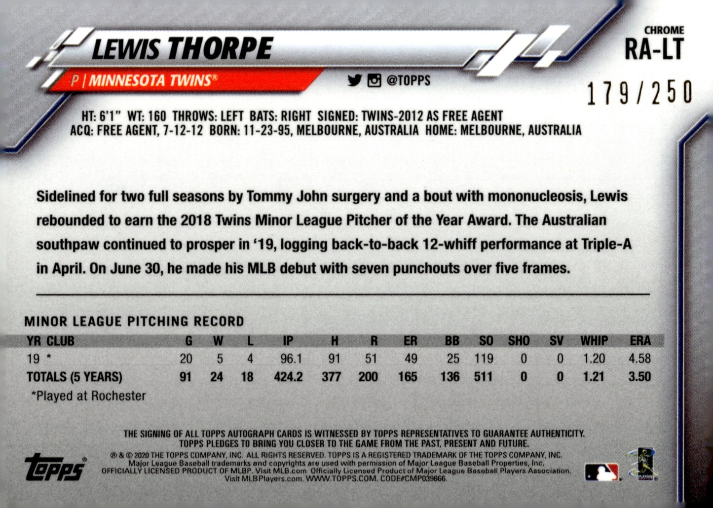 Lewis Thorpe 2020 Topps Chrome Purple Refractor RC Auto 179/250 #RA - LT - Collector Store LLC