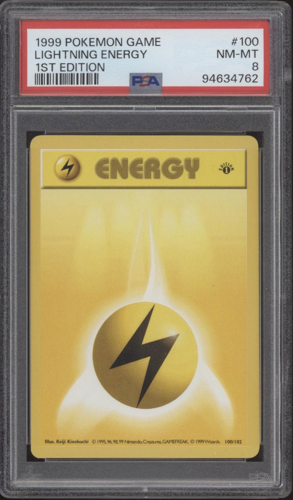 yellow energy pokemon card value Lightning Energy Pokemon Base Set 1st Edition #100 PSA 8