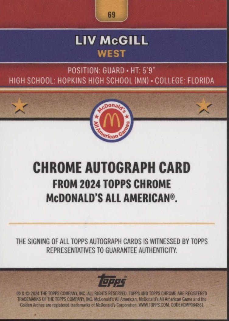 Liv McGil 2024 Topps Chrome McDonald's All American Blue Ray Wave Refractor Auto - Collector Store LLC