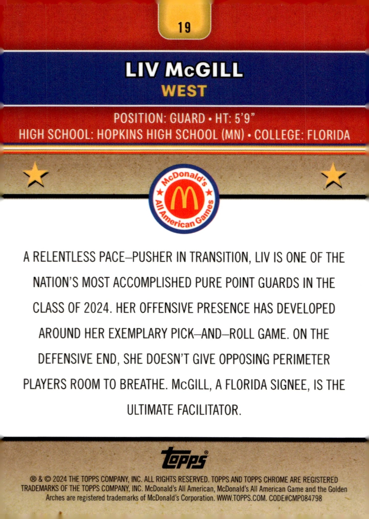 Liv McGill 2024 Topps Chrome McDonald's All American Blue Ray Wave Refractor - Collector Store LLC