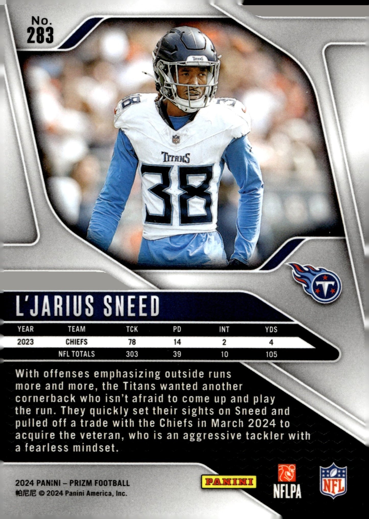 L'Jarius Sneed 2024 Panini Prizm #283 - Collector Store LLC