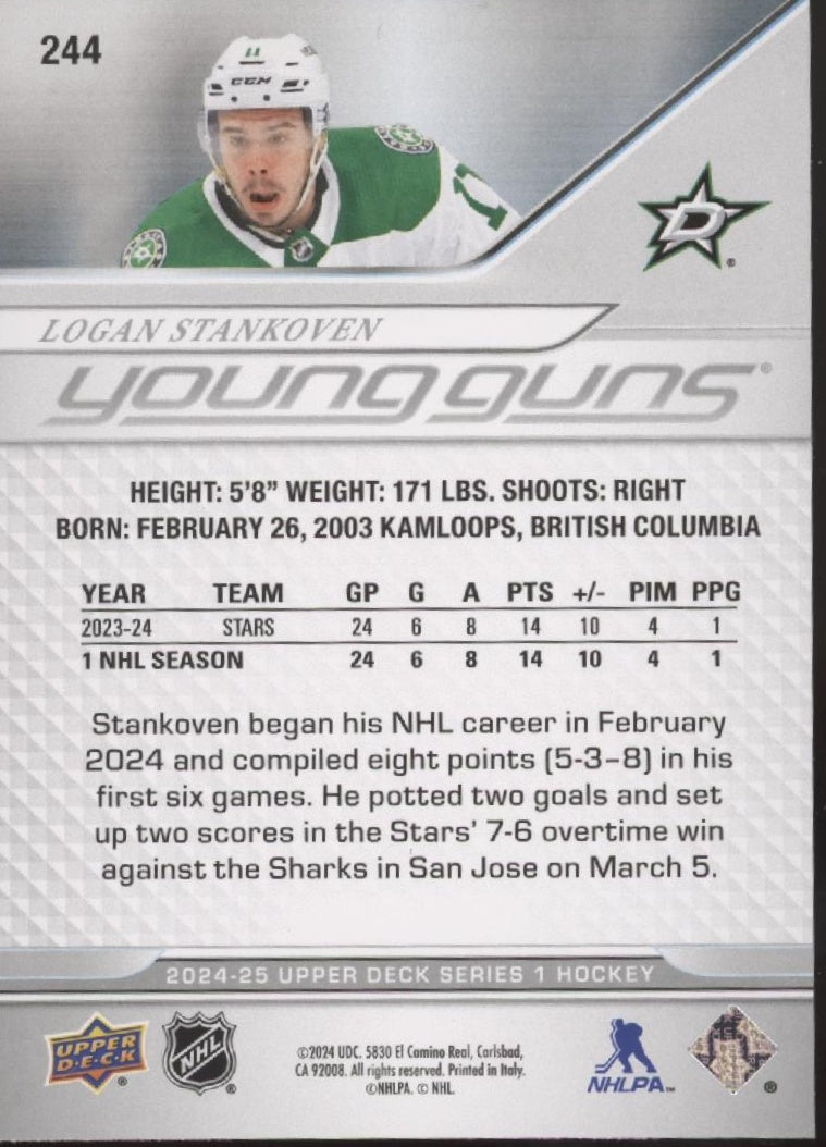 Logan Stankoven 2024 - 25 Upper Deck Series 1 Young Guns RC #244 - Collector Store LLC