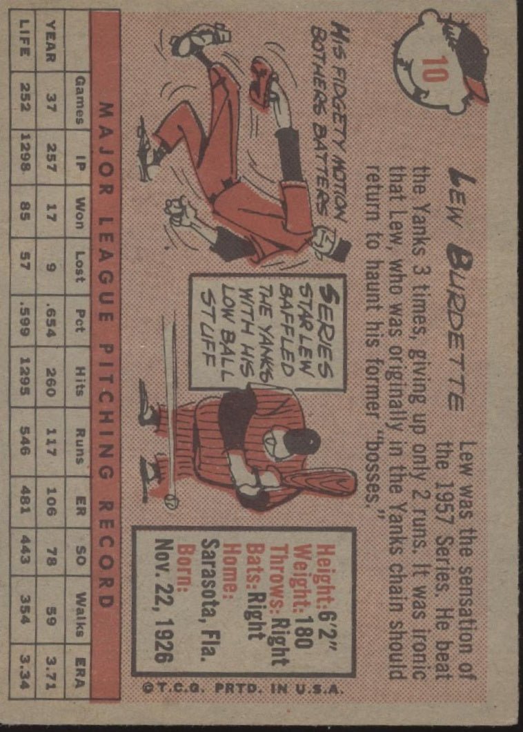 Lou Burdette 1958 Topps #10 Milwaukee Braves VG - Collector Store LLC