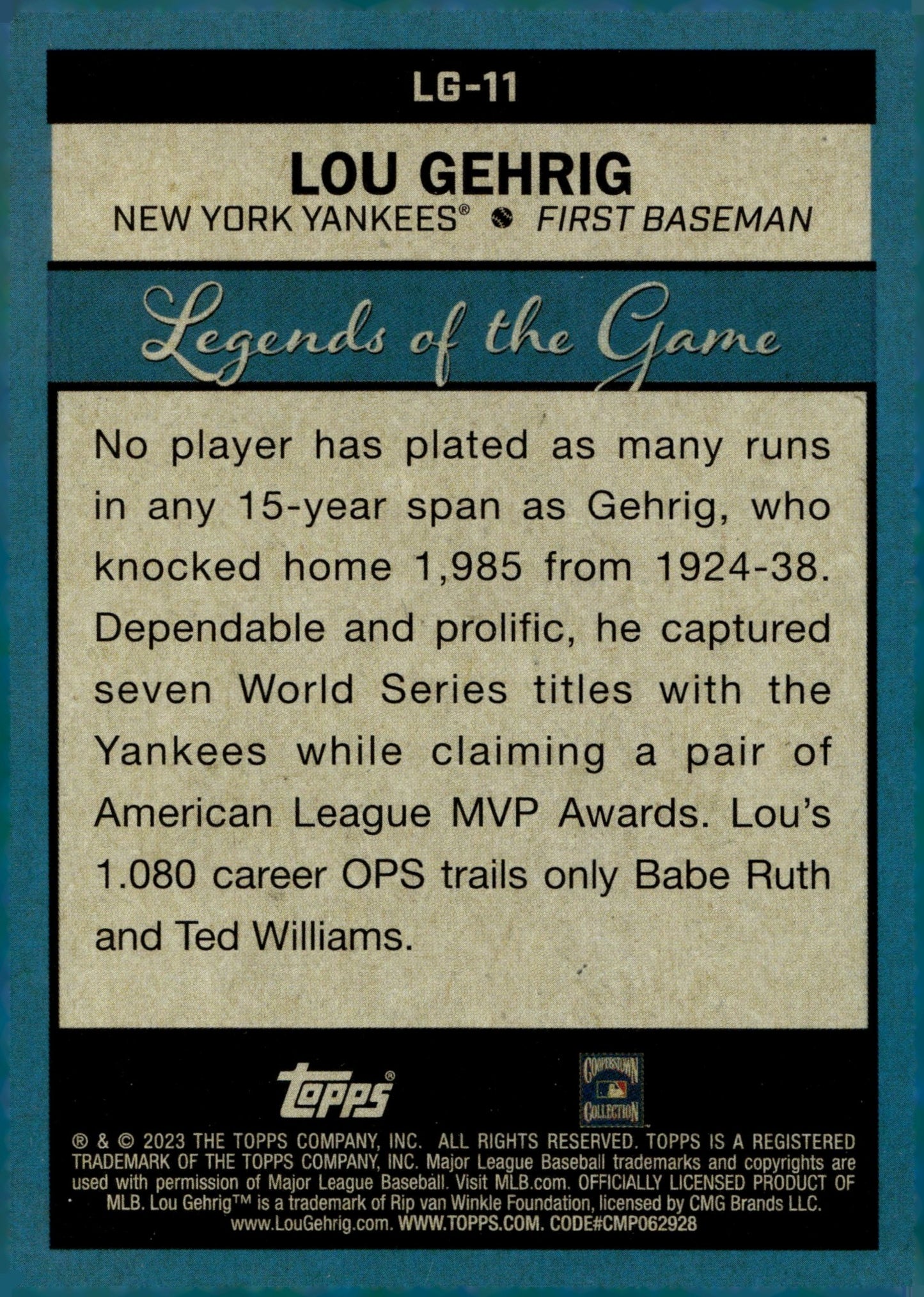 Lou Gehrig 2023 Topps Series 2 Legends of the Game Blue Foil #LG - 11 - Collector Store LLC