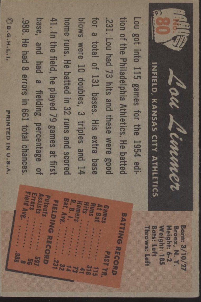 Lou Limmer 1955 Bowman #80 Kansas City Athletics VG - EX - Collector Store LLC