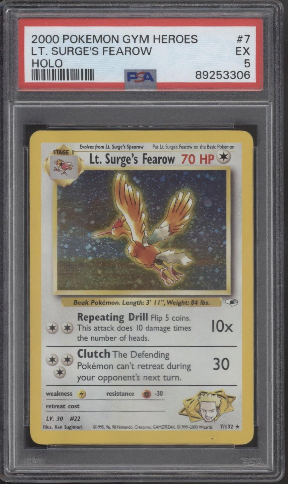 Lt. Surge's Fearow Pokemon Gym Heroes Holo 7 PSA 5 - Collector Store LLC