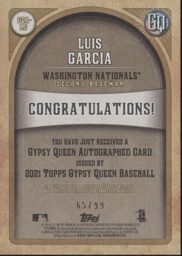 Luis Garcia 2021 Topps Gypsy Queen Blue RC Auto 65/99 - Collector Store LLC