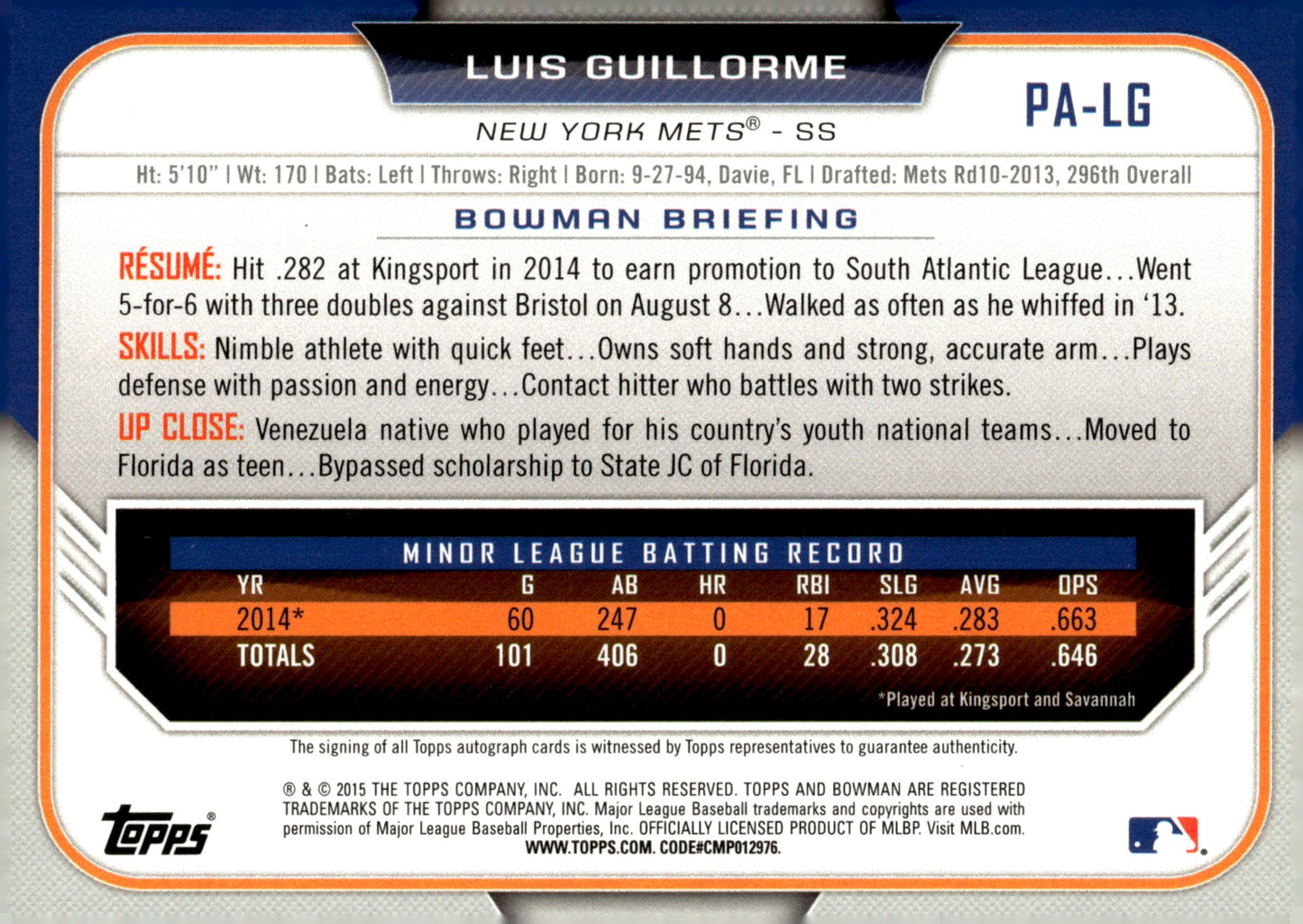 Luis Guillorme 2015 Bowman Auto #PA - LG - Collector Store LLC