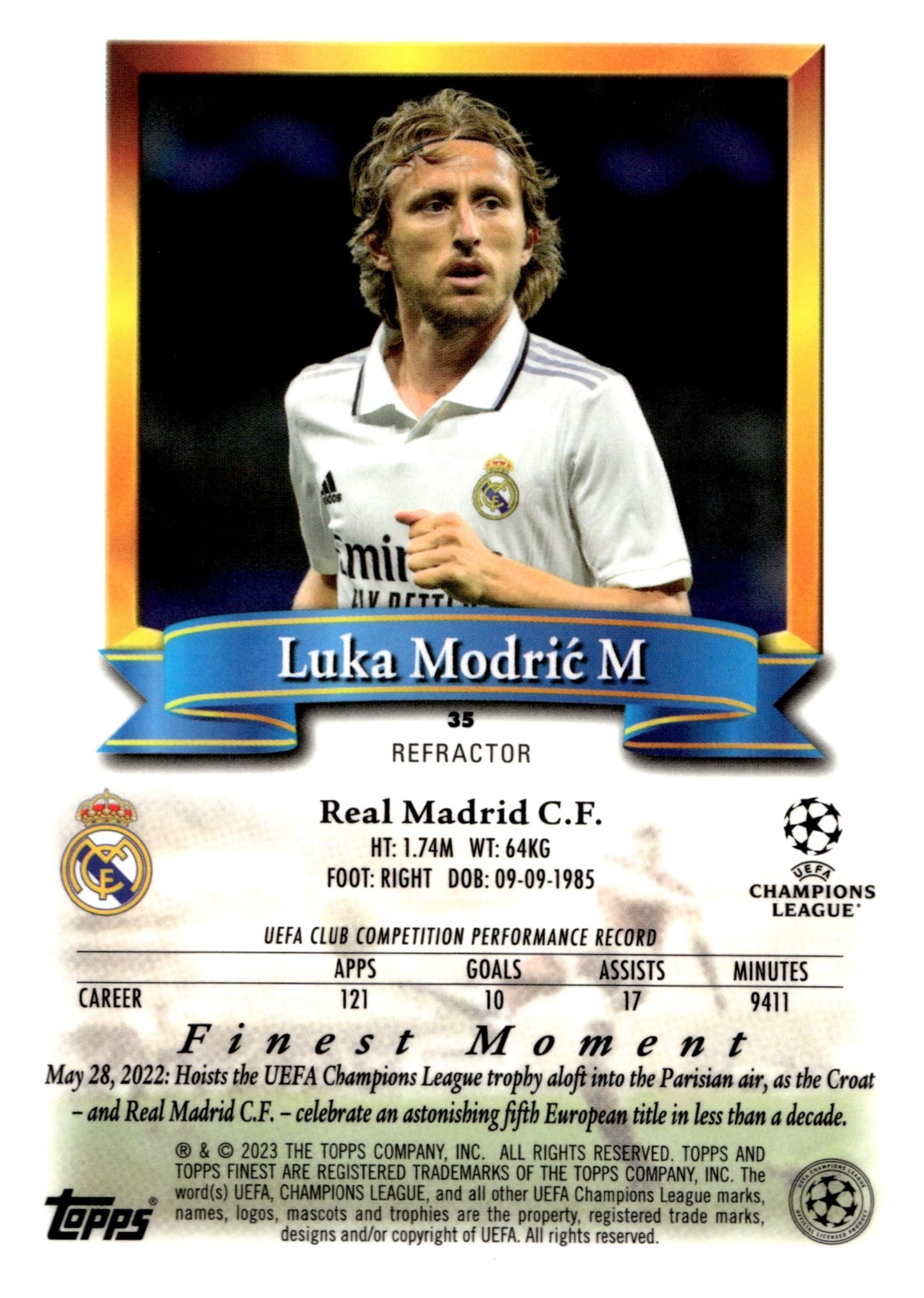 Luka Modric 2023 - 24 Topps Finest UEFA Champions League Refractor #35 - Collector Store LLC