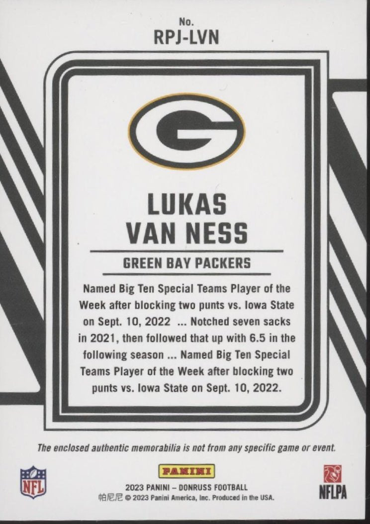 Lukas Van Ness 2023 Panini Donruss Rookie Phenom Swatch #RPJ - LVN - Collector Store LLC