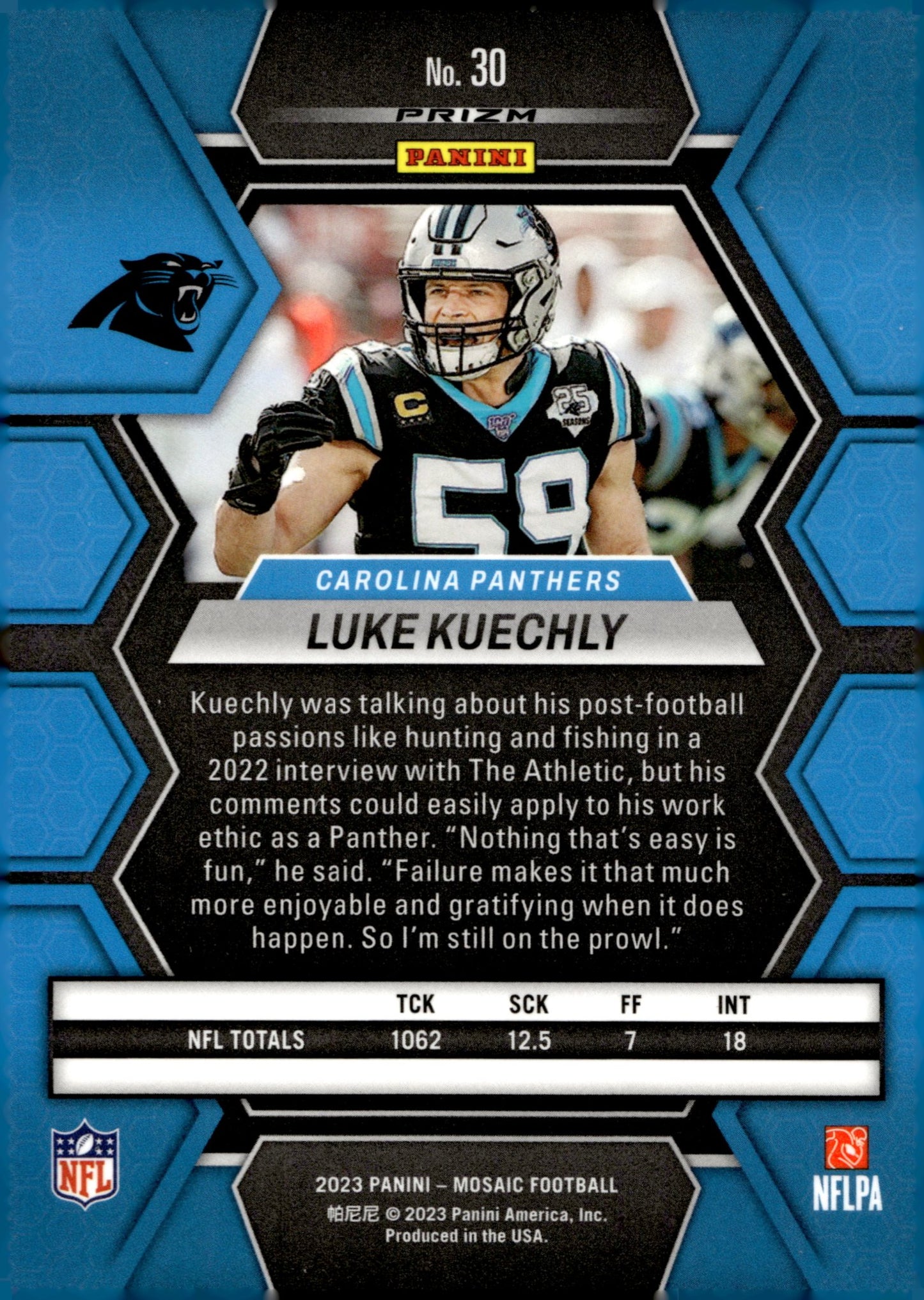 Luke Kuechly 2023 Panini Mosaic Green Prizm #30 - Collector Store LLC