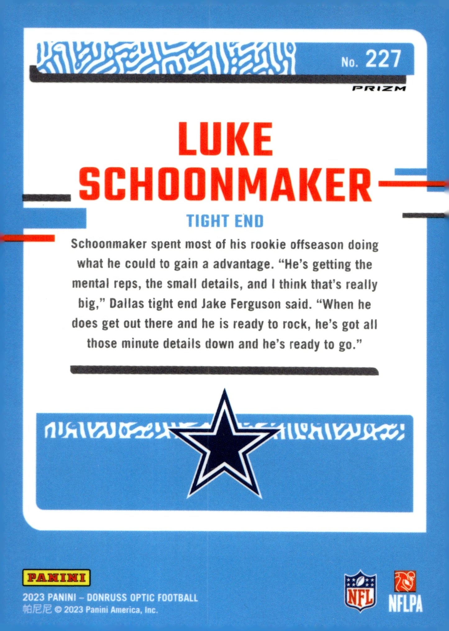Luke Schoonmaker 2023 Donruss Optic Rated Rookie Blue Prism Prizm RC #227 - Collector Store LLC