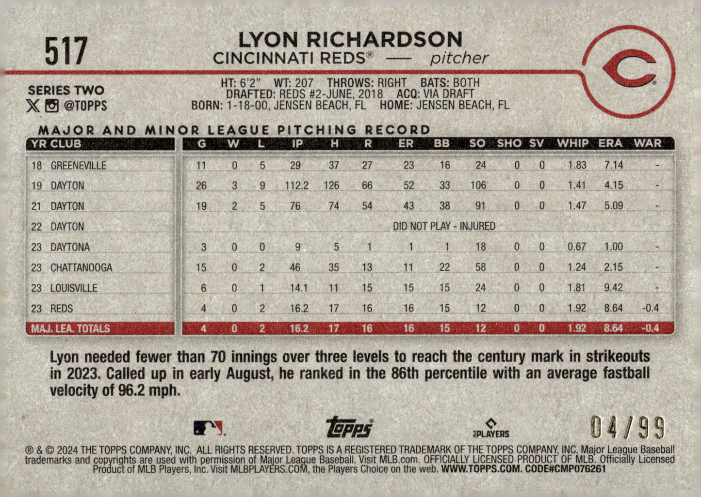 Lyon Richardson 2024 Topps Series 2 Vintage Stock RC 04/99 #517 - Collector Store LLC