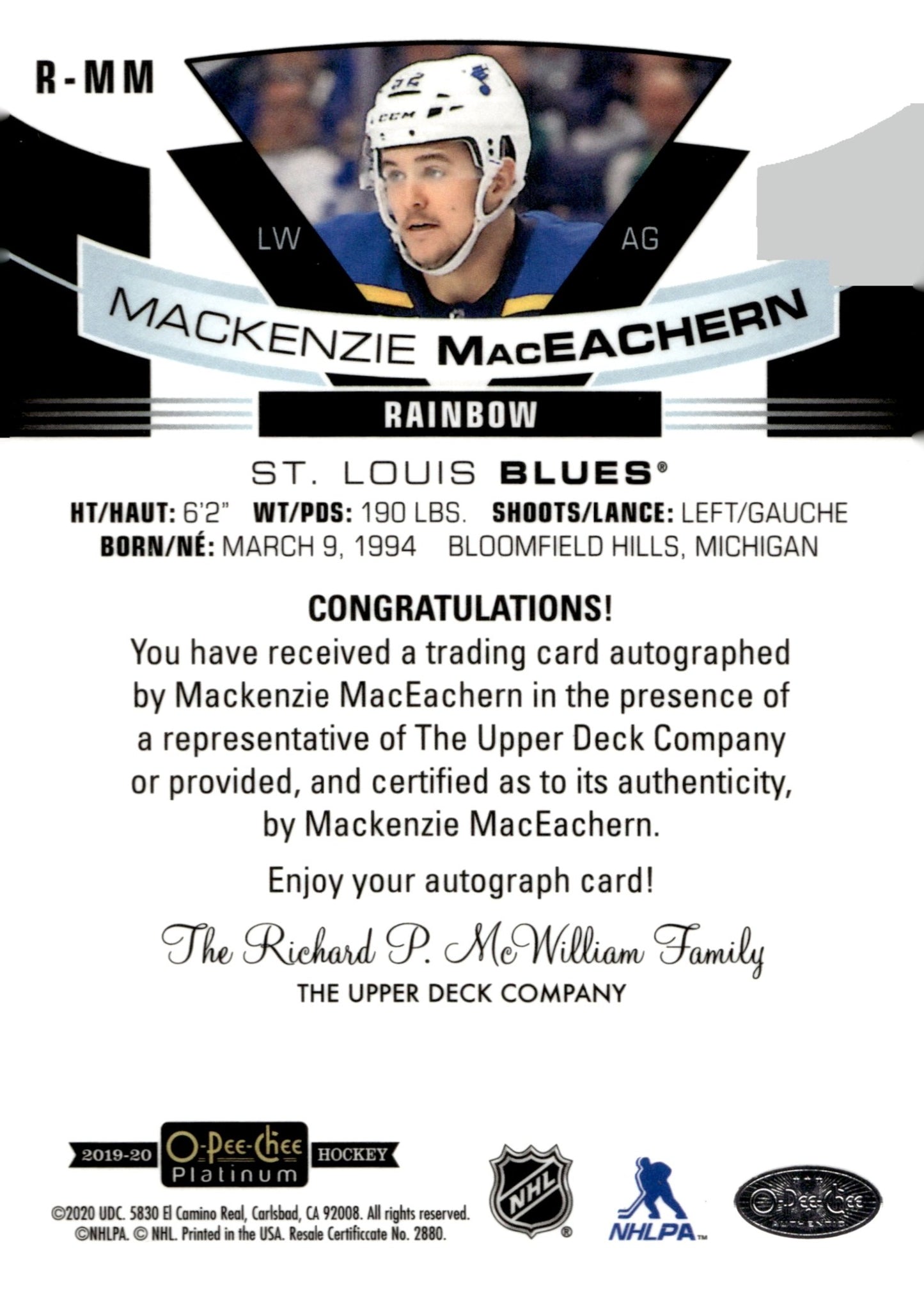 Mackenzie MacEachern 2019 - 20 O - Pee - Chee Platinum Rainbow RC Auto #R - MM - Collector Store LLC
