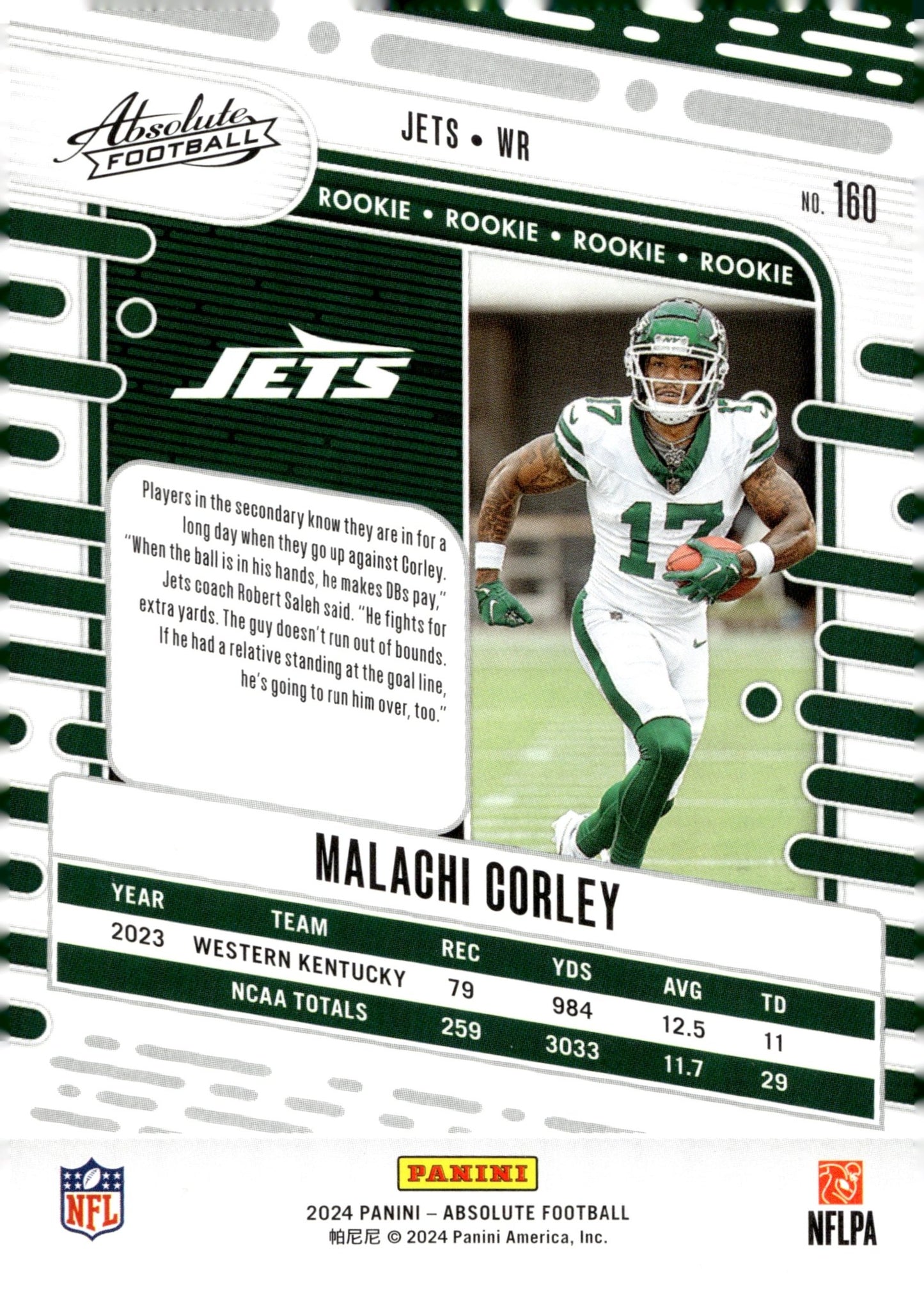 Malachi Corley 2024 Panini Absolute RC #160 - Collector Store LLC