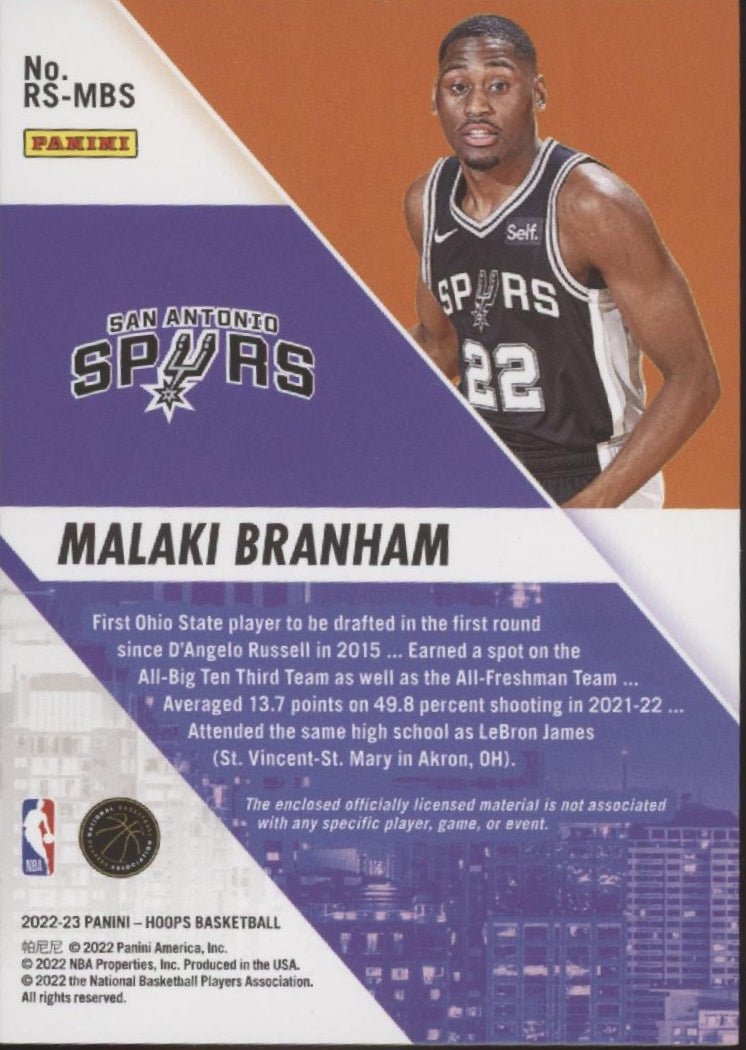 Malaki Branham 2022 - 23 Panini Hoops Rise N Shine RC Swatch #RS - MBS - Collector Store LLC