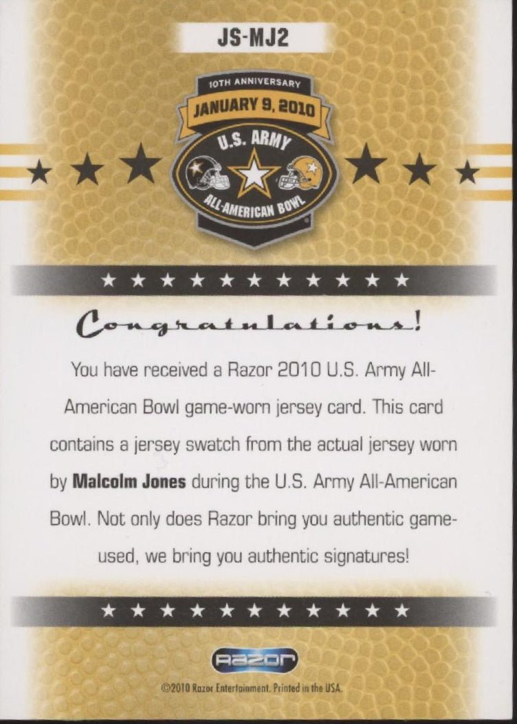 Malcom Jones 2010 Razor US Army All American Bowl Swatch Auto 01/10 #JS - MJ2 - Collector Store LLC