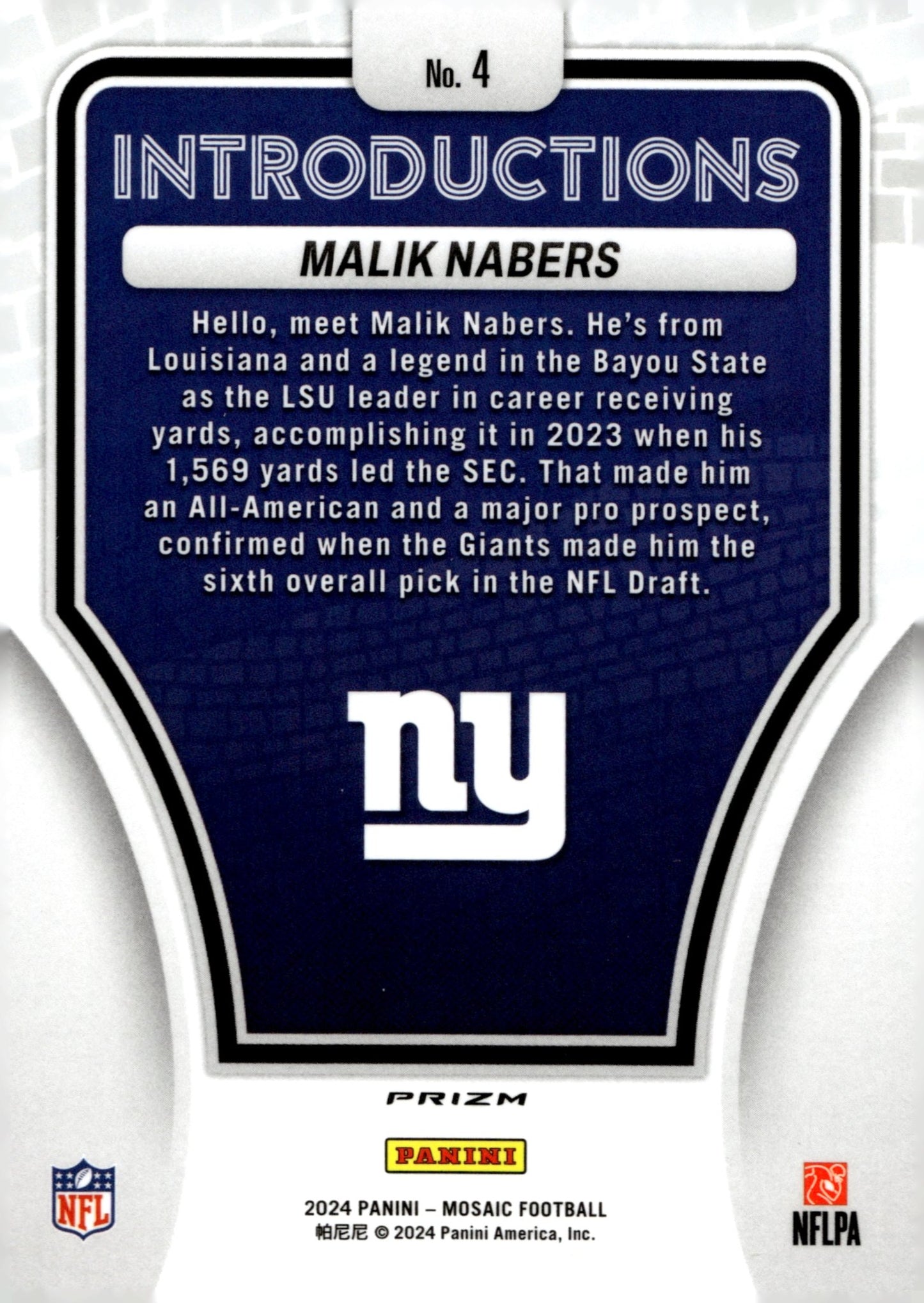 Malik Nabers 2024 Panini Mosaic Introductions Prizm RC #4 - Collector Store LLC