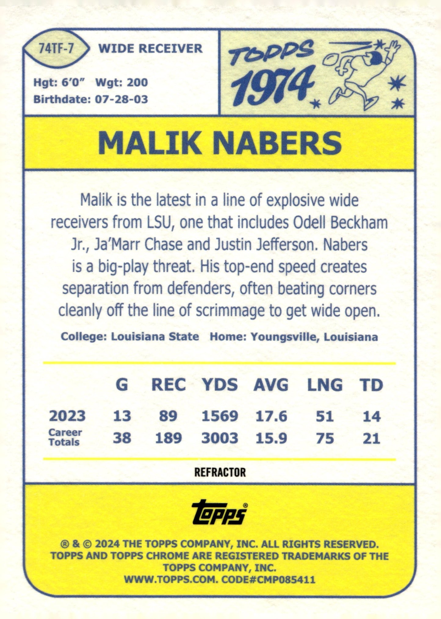 Malik Nabers 2024 Topps Chrome Refractor RC #74TF - 7 - Collector Store LLC