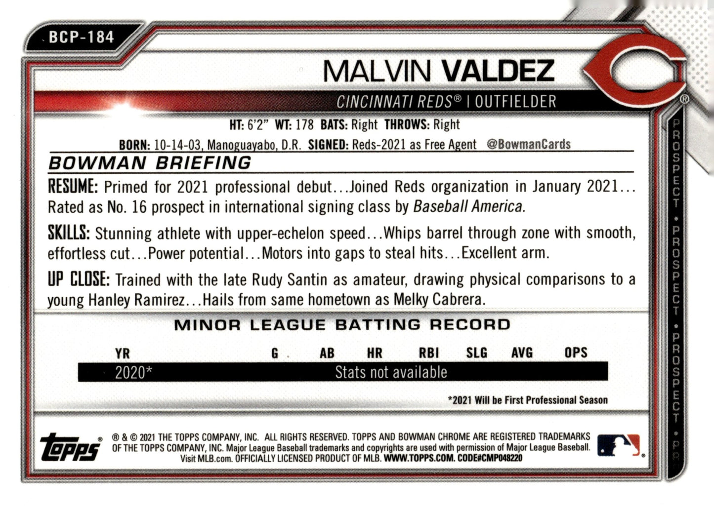 Malvin Valdez 2021 Bowman Chrome Prospects Mojo Refractor #BCP - 184 - Collector Store LLC