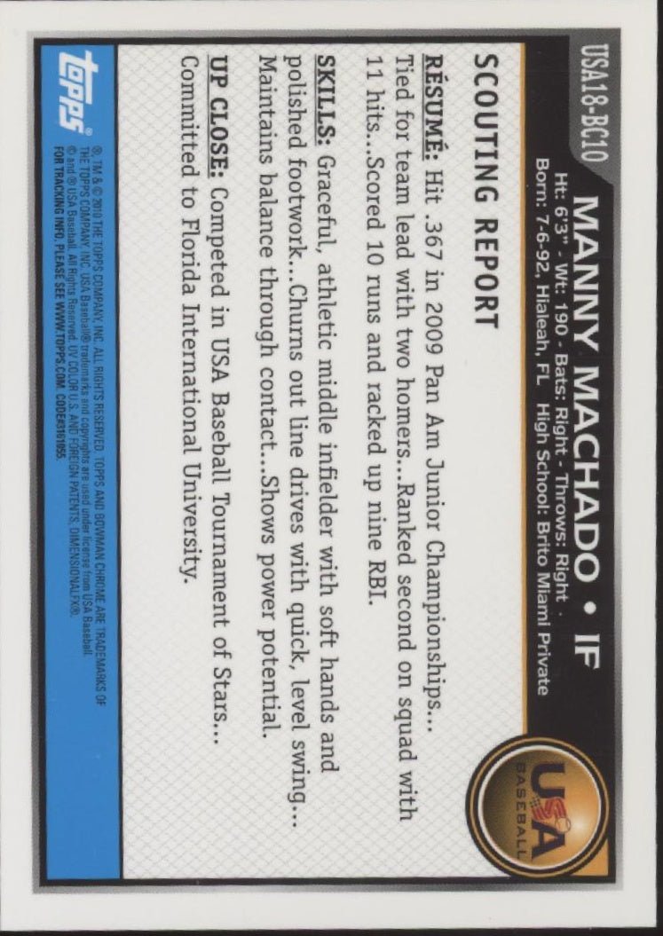 Manny Machado 2010 Bowman Chrome USA #USA18 - BC10 - Collector Store LLC