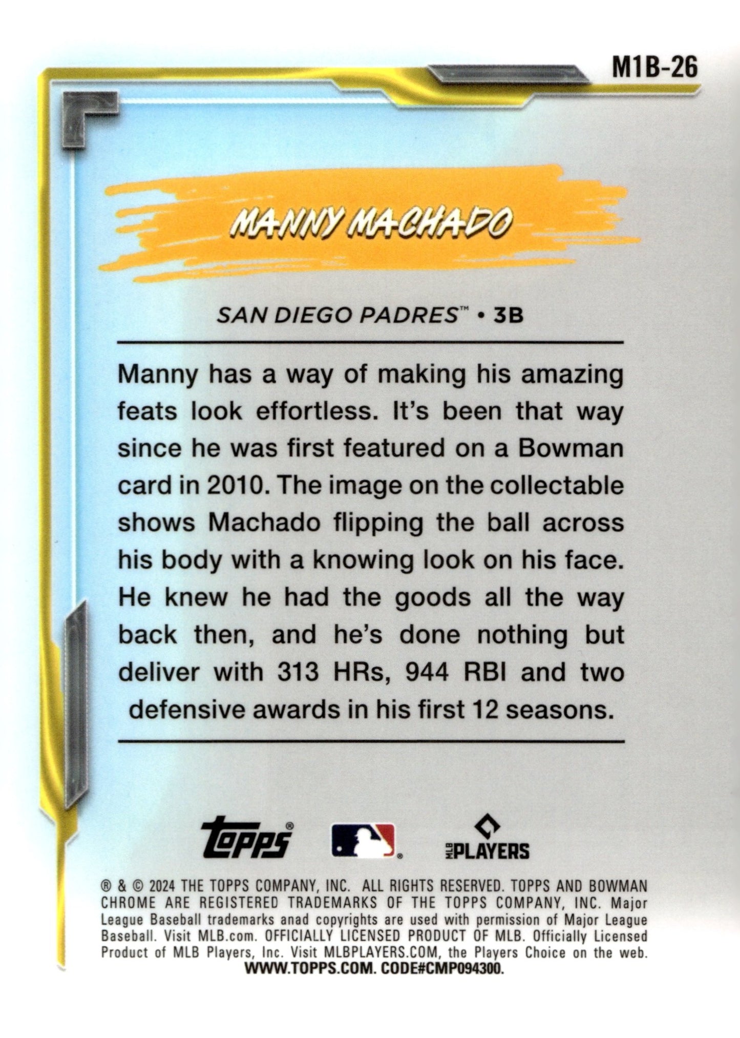Manny Machado 2024 Bowman Chrome My 1st Bowman Mojo Refractor #M1B - 26 - Collector Store LLC