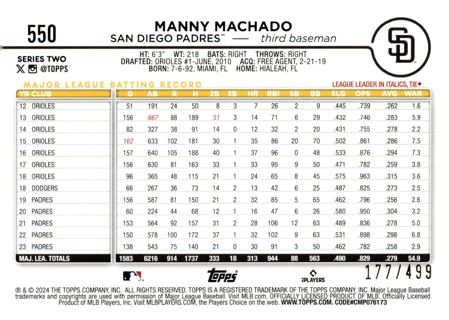 Manny Machado 2024 Topps Series 2 Green Foilboard #550 - Collector Store LLC