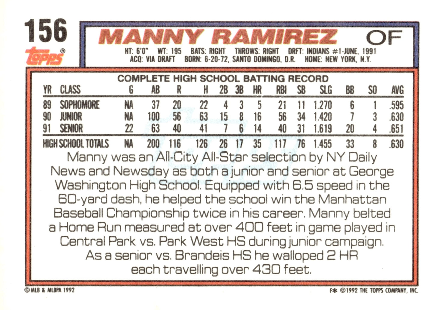 Manny Ramirez 1992 Topps Draft Pick RC #156 - Collector Store LLC