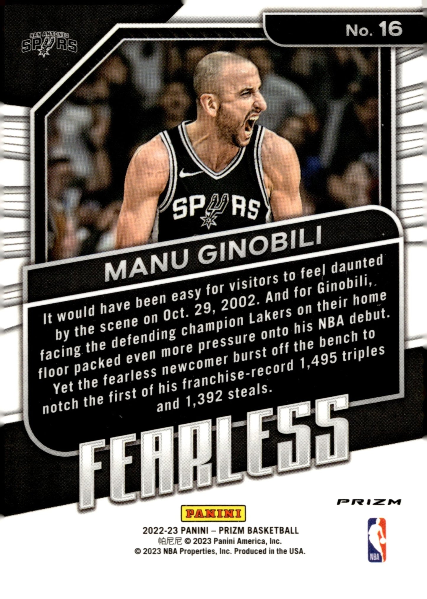 Manu Ginobili 2022 - 23 Panini Prizm Fearless Prizm #16 - Collector Store LLC