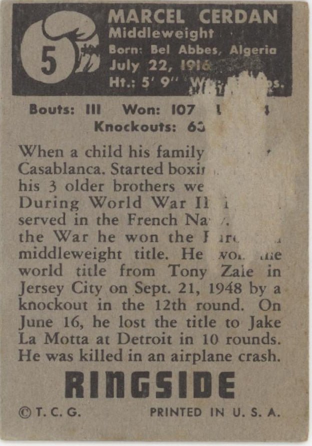 Marcel Cerdan 1951 Topps Ringside #5 VG - Collector Store LLC
