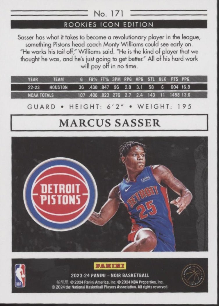 Marcus Sasser 2023 - 24 Panini Noir Rookies Icon Edition RC 04/99 #171 - Collector Store LLC
