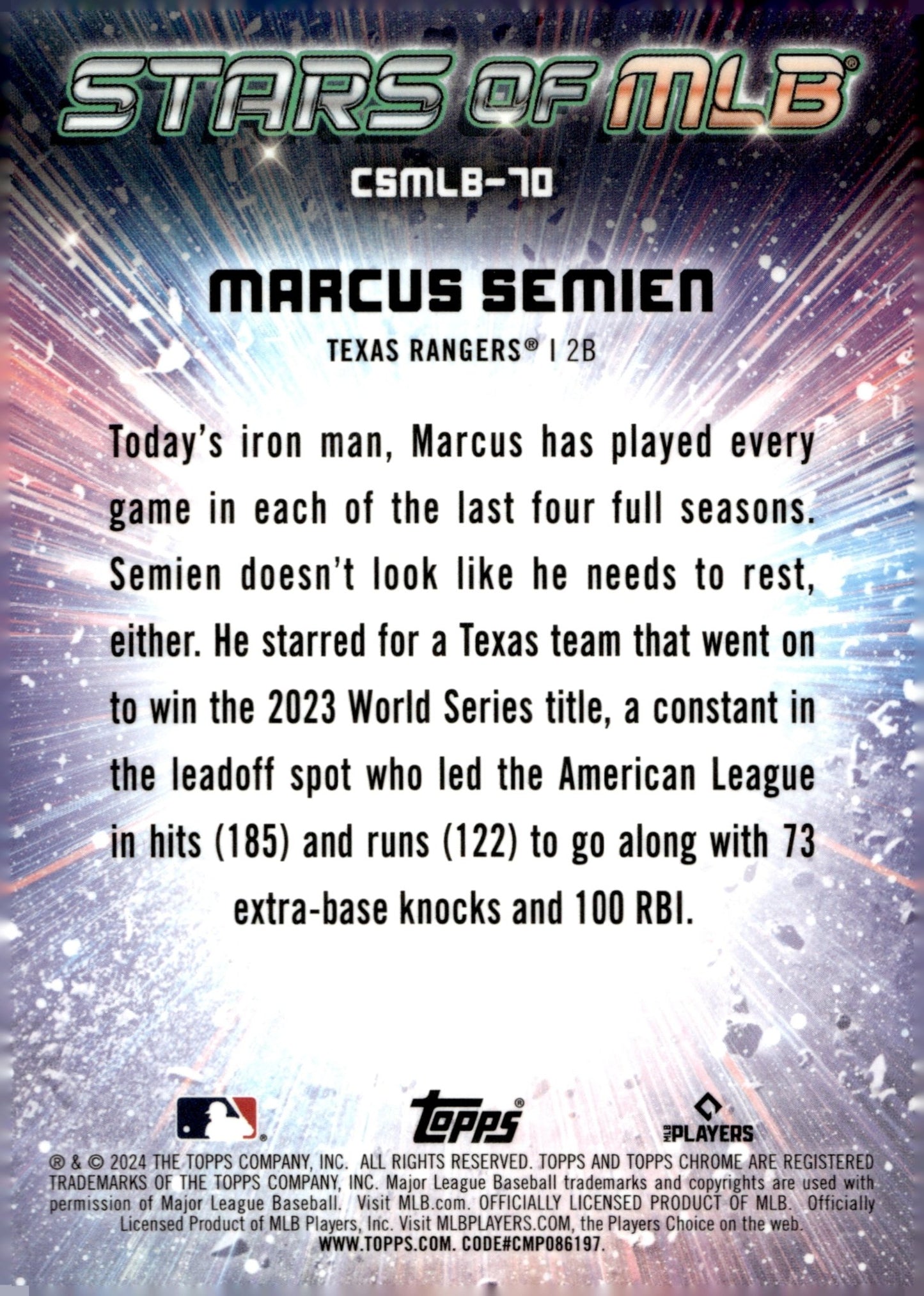 Marcus Semien 2024 Topps Chrome Stars of MLB Refractor CSMLB - 70 - Collector Store LLC