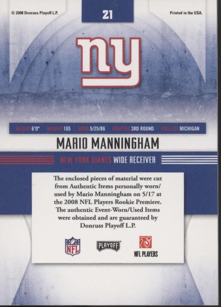 Mario Manningham 2008 Playoff Absolute Memorabilia Swatch RC #21 - Collector Store LLC