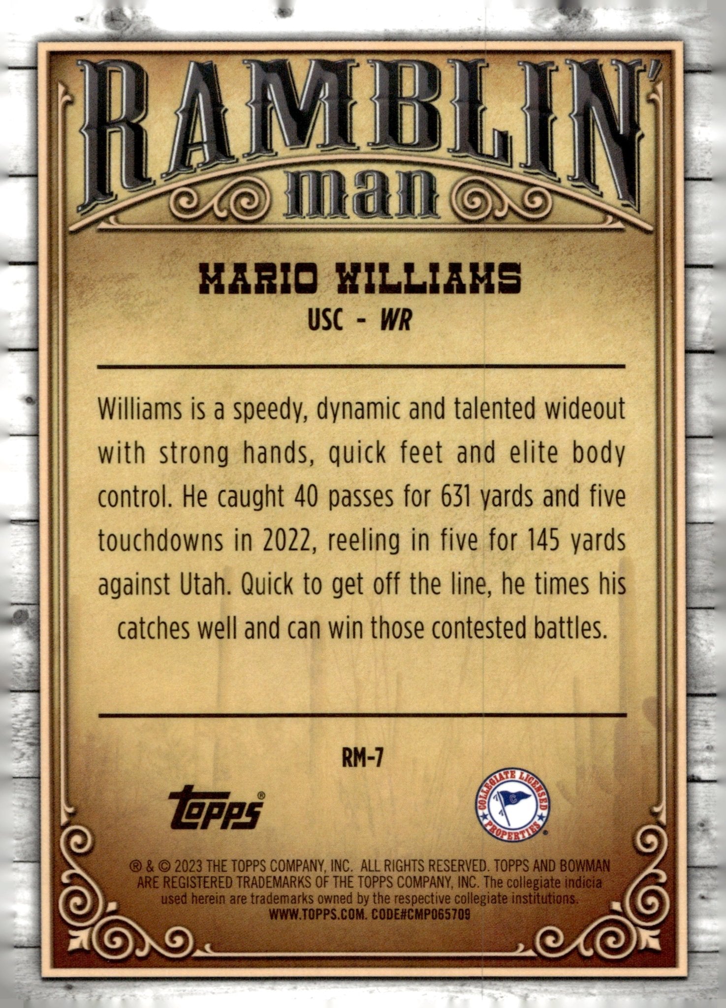 Mario Williams 2023 Bowman Chrome University Ramblin' Man Refractor #RM - 7 - Collector Store LLC