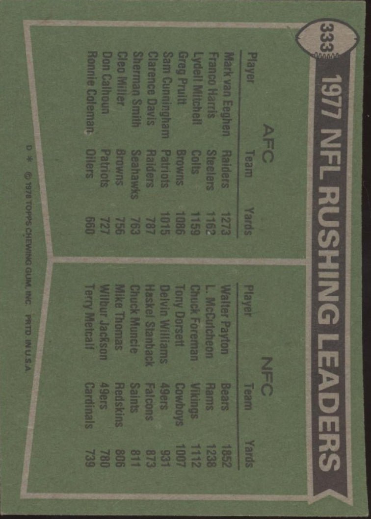 Mark Van Eeghen / Walter Payton 1978 Topps Rushing Leaders #333 - Collector Store LLC