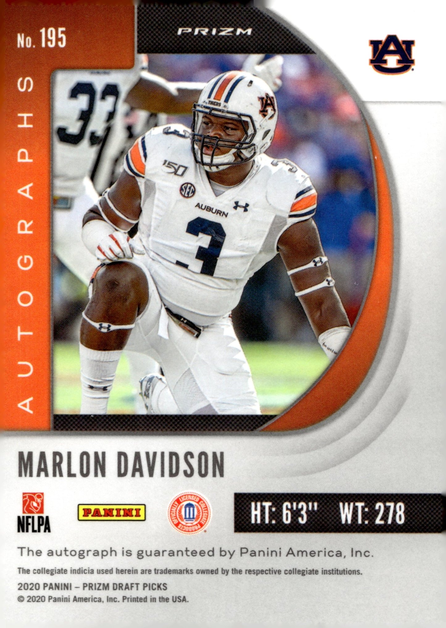 Marlon Davidson 2020 Panini Prizm Draft Picks Prizm RC Auto #195 - Collector Store LLC