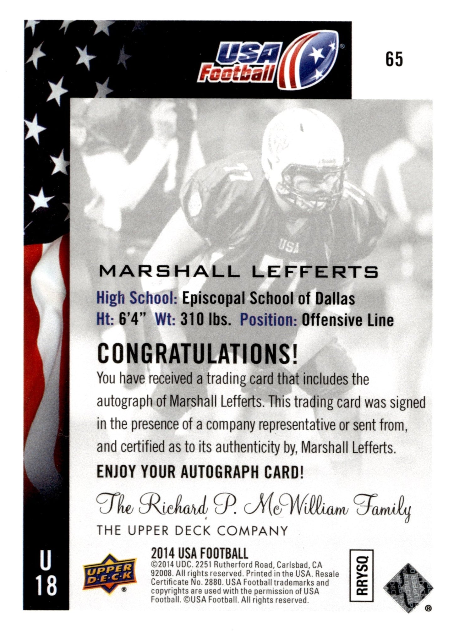 Marshall Lefferts 2014 Upper Deck USA Football Auto #65 - Collector Store LLC