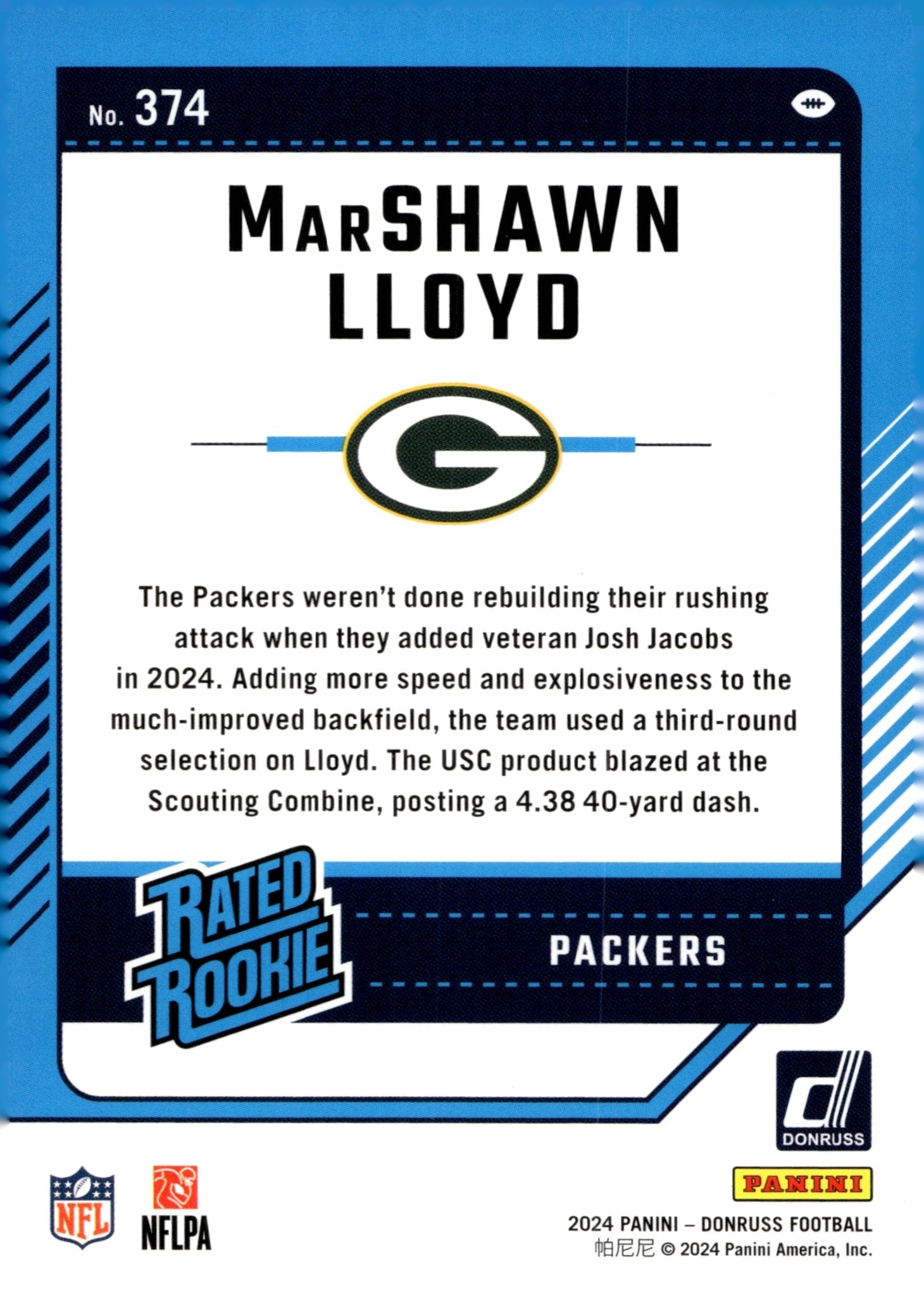 MarShawn Lloyd 2024 Panini Donruss Rated Rookie Press Proof Red RC #374 - Collector Store LLC