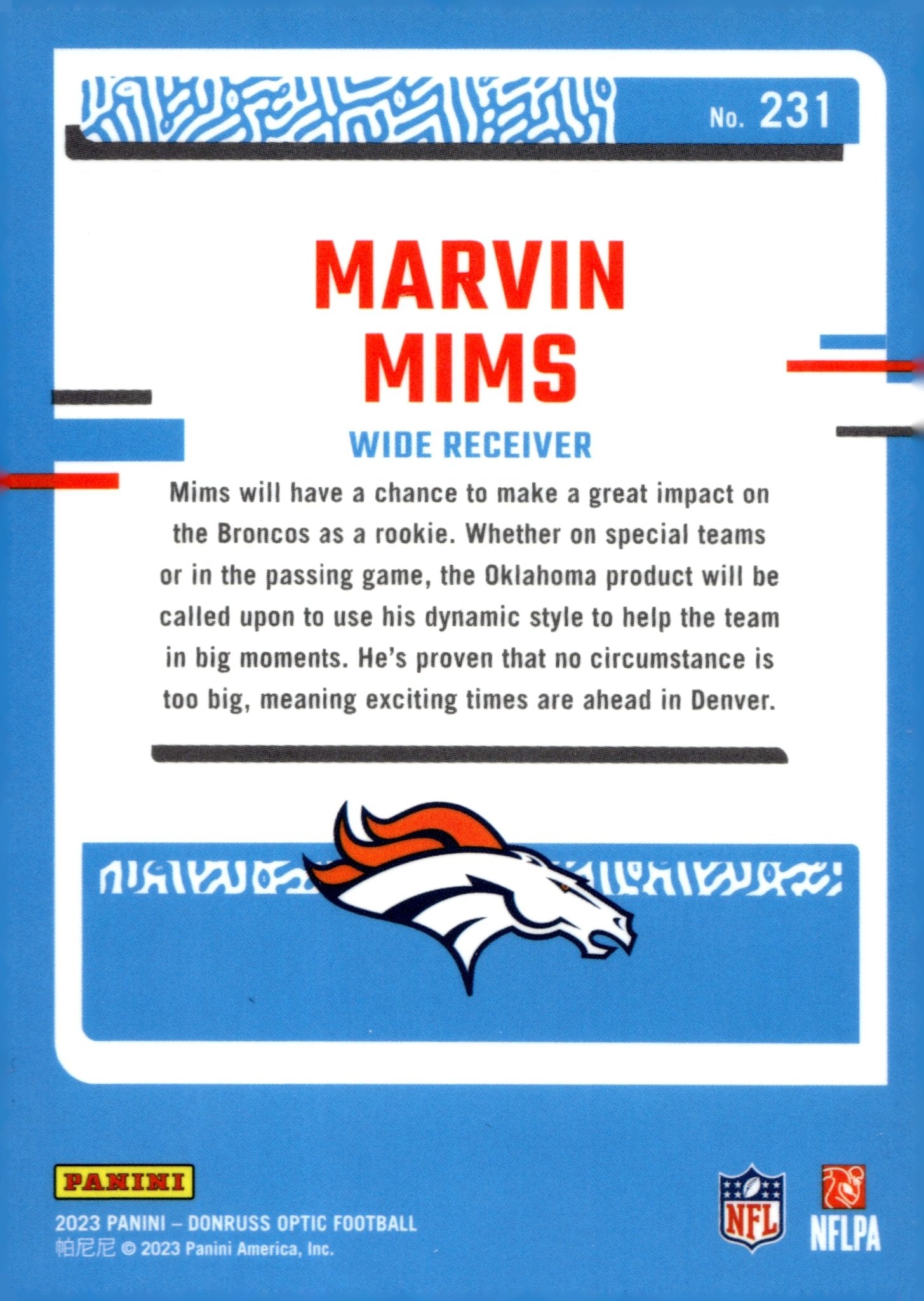 Marvin Mims 2023 Panini Donruss Optic Rated Rookie RC #231 - Collector Store LLC