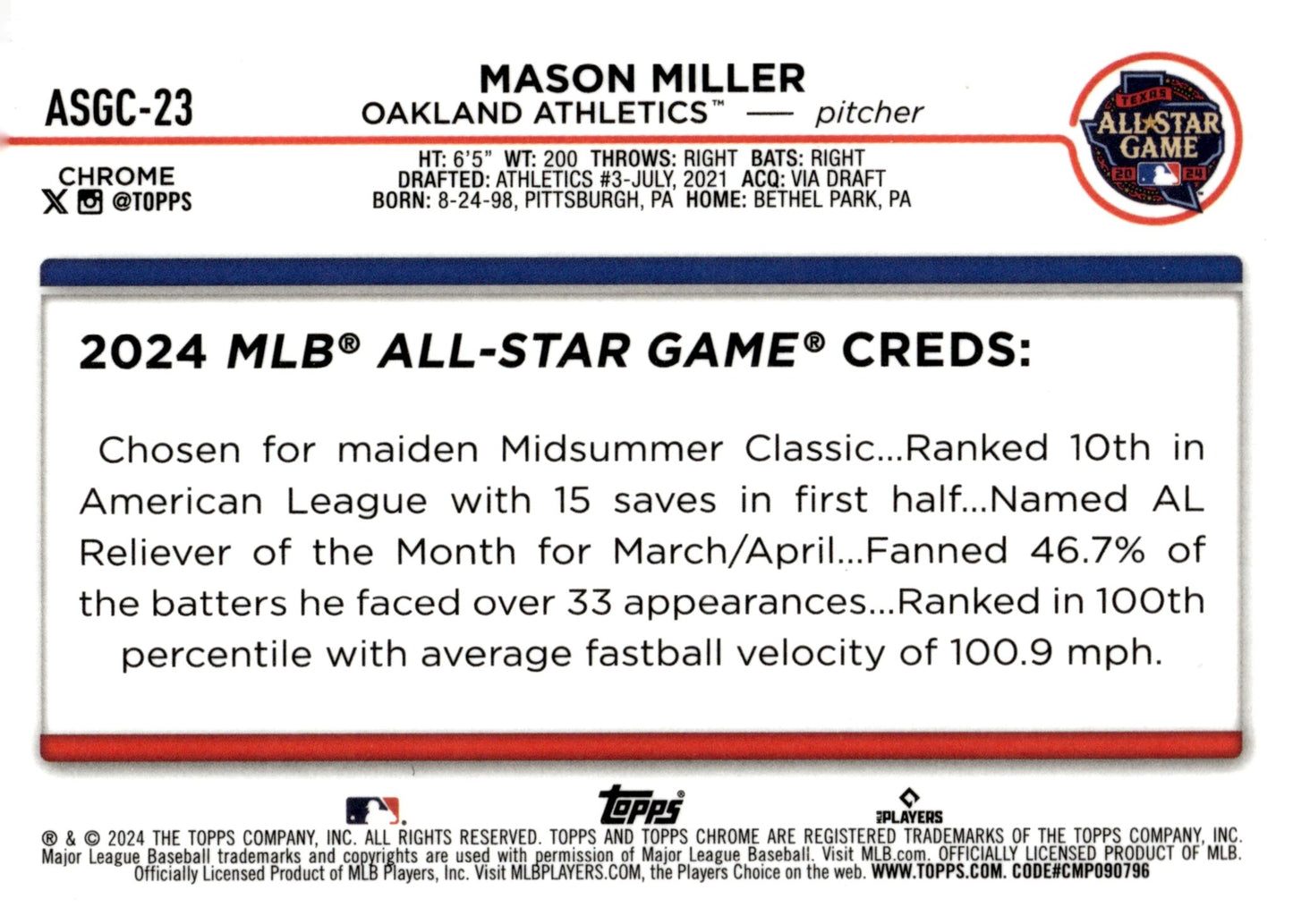 Mason Miller 2024 Topps Chrome All Star Game Refractor #ASGC - 23 - Collector Store LLC