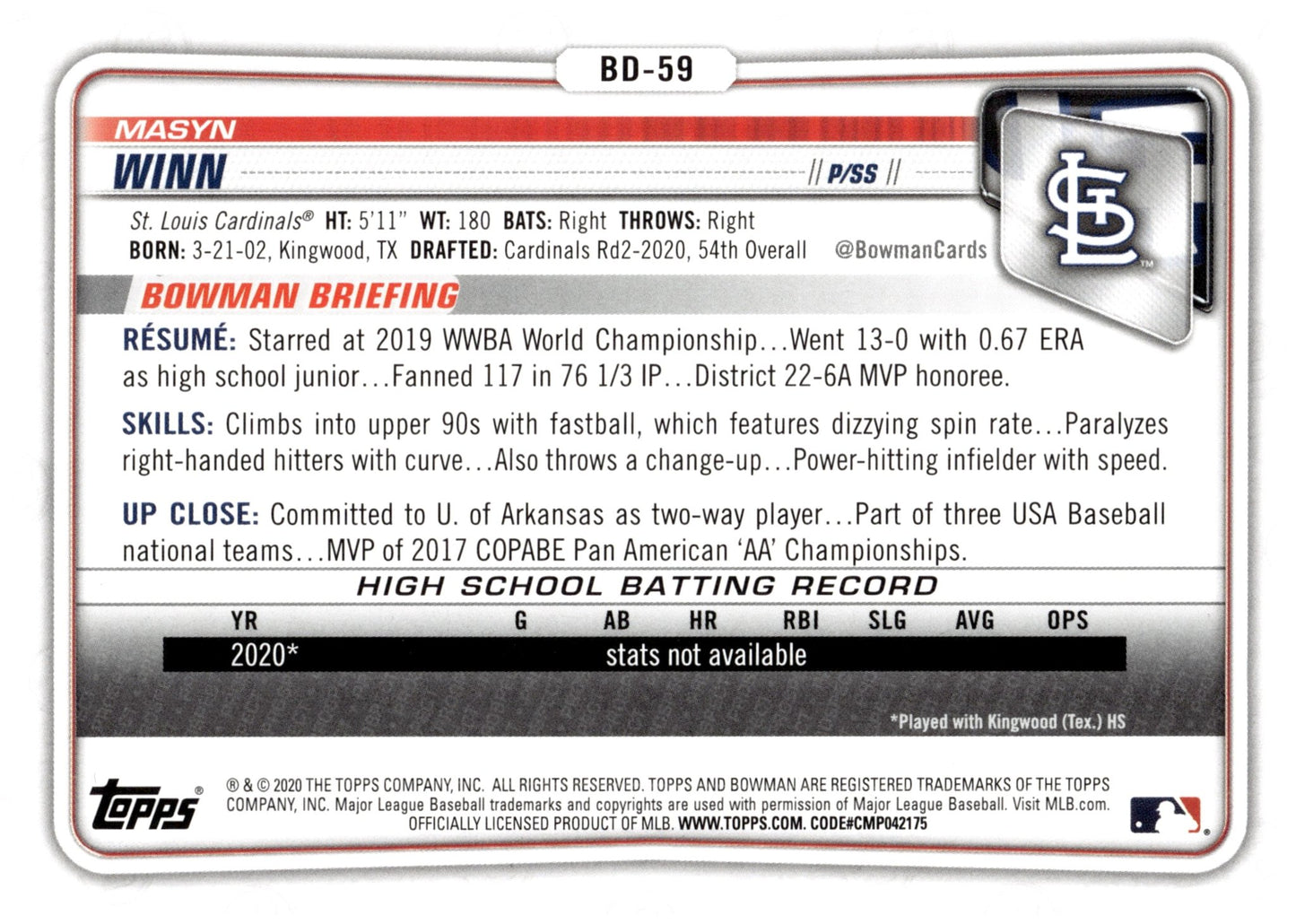 Masyn Winn 2020 Bowman Prospect #BD - 59 #7 - Collector Store LLC