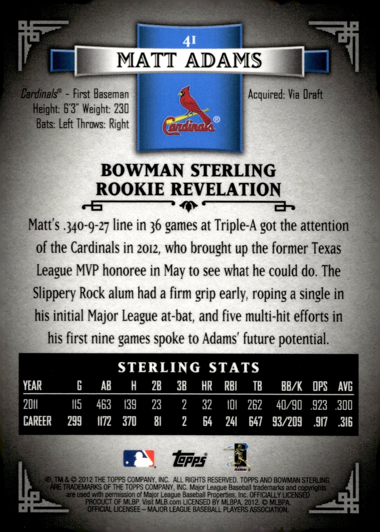 Matt Adams 2012 Bowman Sterling Refractor RC 027/199 #41 - Collector Store LLC