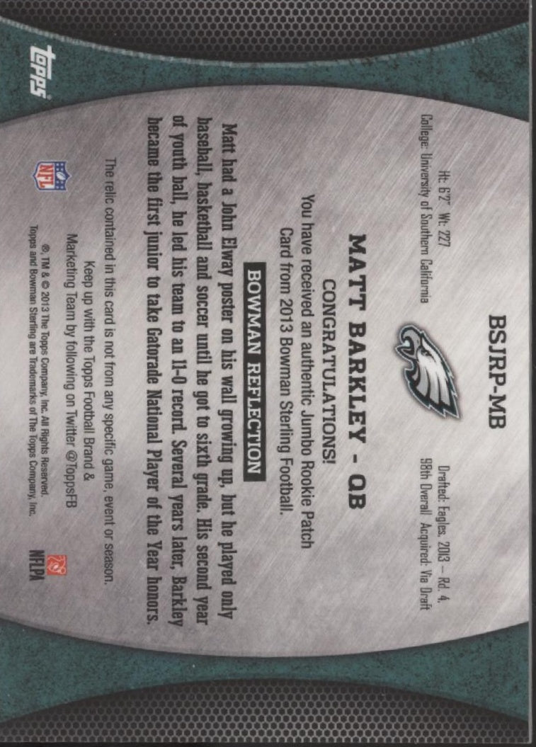 Matt Barkley 2013 Bowman Sterling Wave Refractor Swatch RC 159/171 #BSJRP - MB - Collector Store LLC